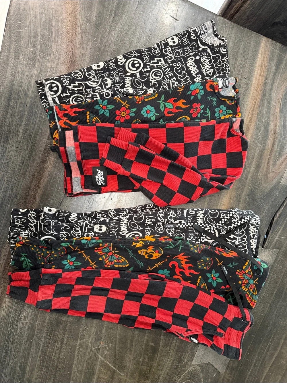 Kids Pajama Pants - Red & Black Checkerboard and Black Floral Print